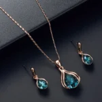 Water Drop Shape Pendant Necklace & Drop Earrings Set For Women & Girls Artificial crystal necklace, earrings, jewelry set,